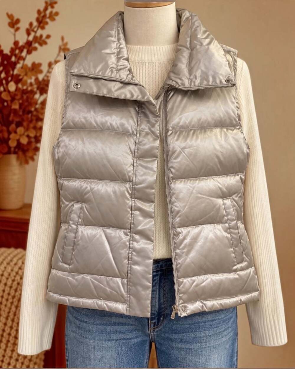 Talbots Silver Metallic Quilted Puffer Vest Size Large
